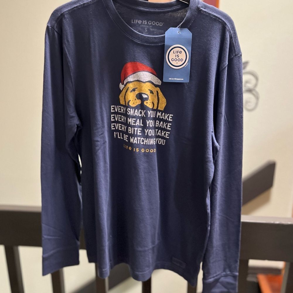 NWT Life is Good Navy Long Sleeve Shirt with Dog #Every Snack You Make” #179